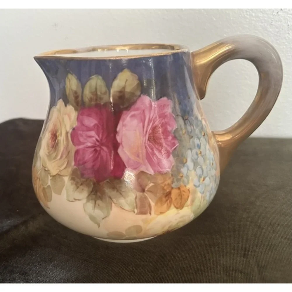 Antique B & M Limoges France Hand Painted Rose Drink Pitcher Gold Handle Collect